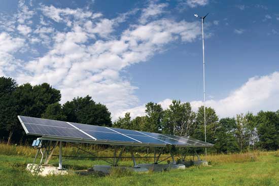 Wind and solar join forces in reader Audrey Greenhill Lones’ renewable energy system in North Yarmouth, Maine.